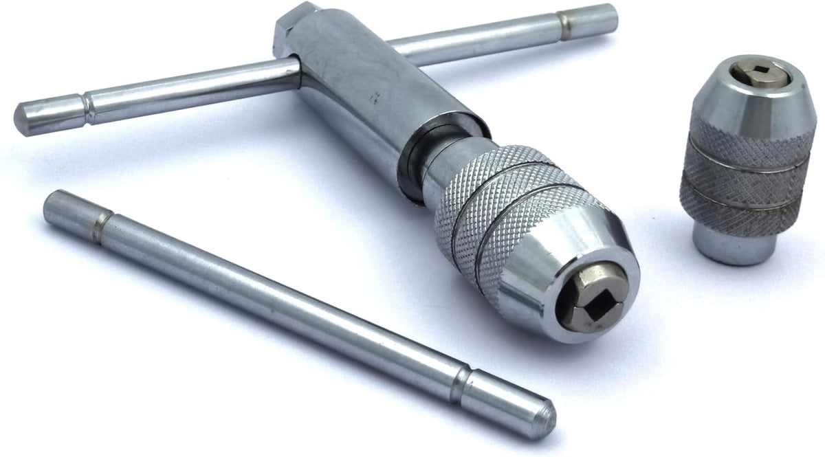 Interchangeable T-handle tap wrench with spare chuck and handle