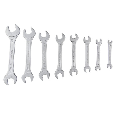 A set of nine chrome-plated DOE jaw spanners