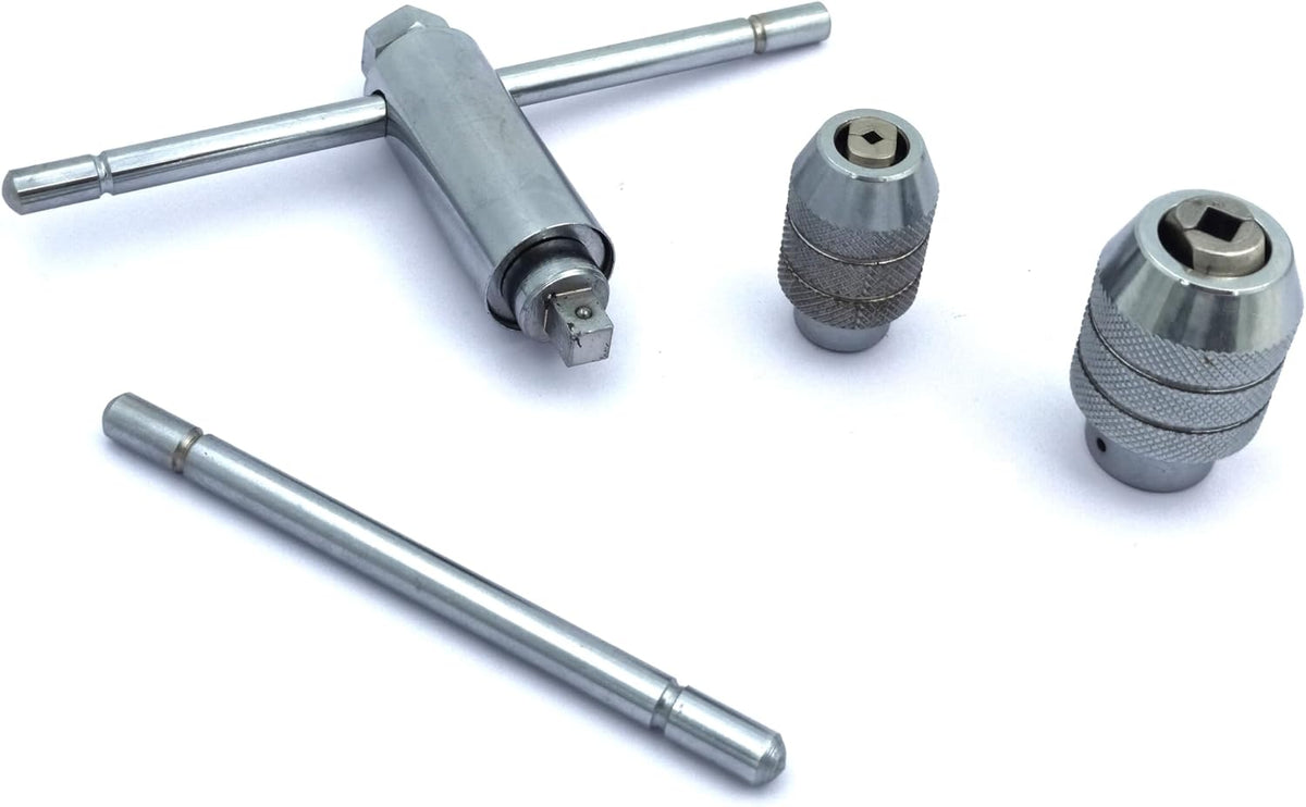 T-handle tap wrench body with extra handle and collet chucks