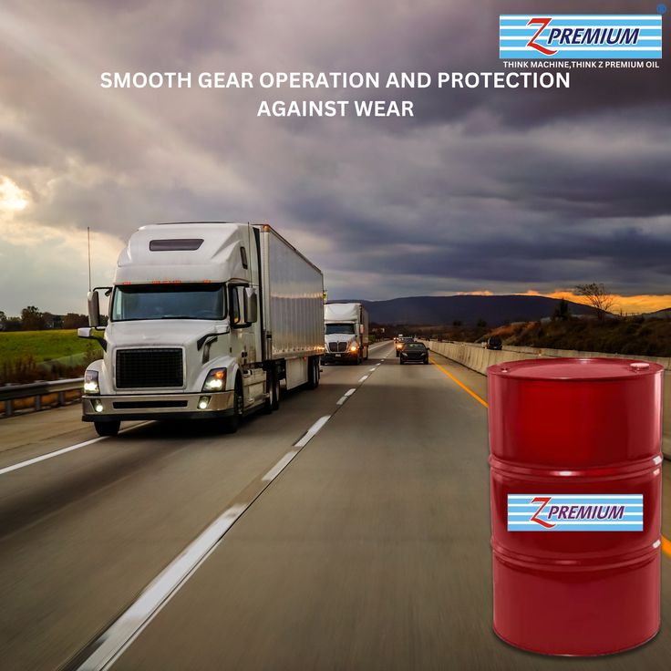 Trucks on a highway with Z Premium oil drum
