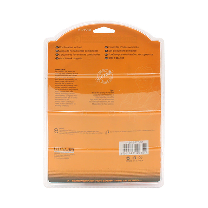 Back view of orange tool set blister packaging with barcode