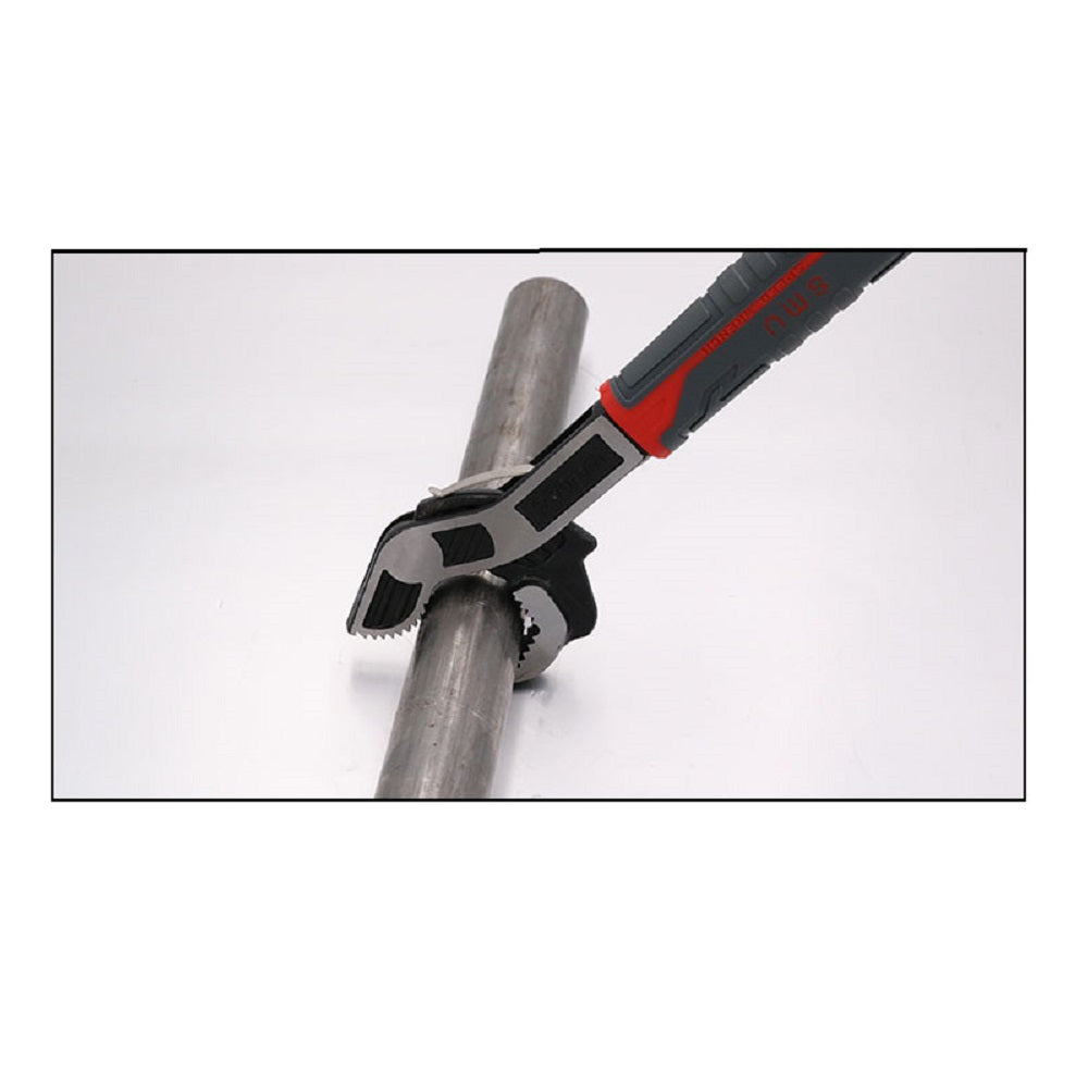 locking wrench gripping metal pipe