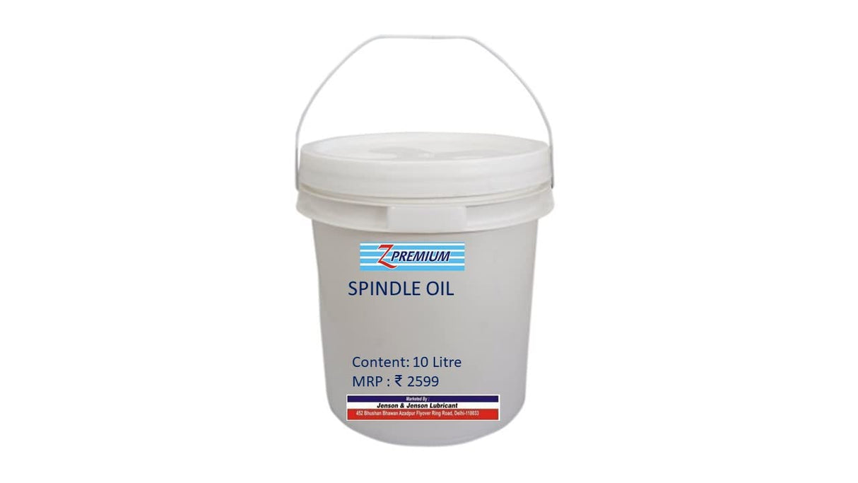 White bucket of spindle oil with a label