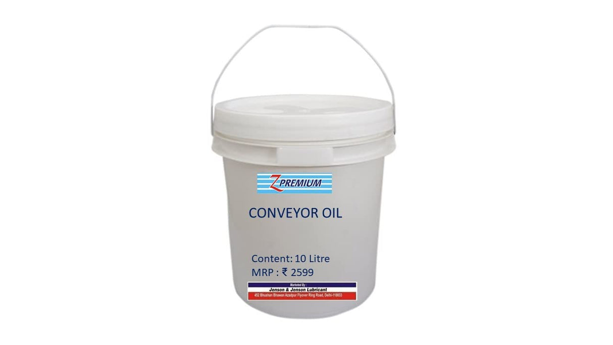 White bucket of conveyor oil with a visible brand logo