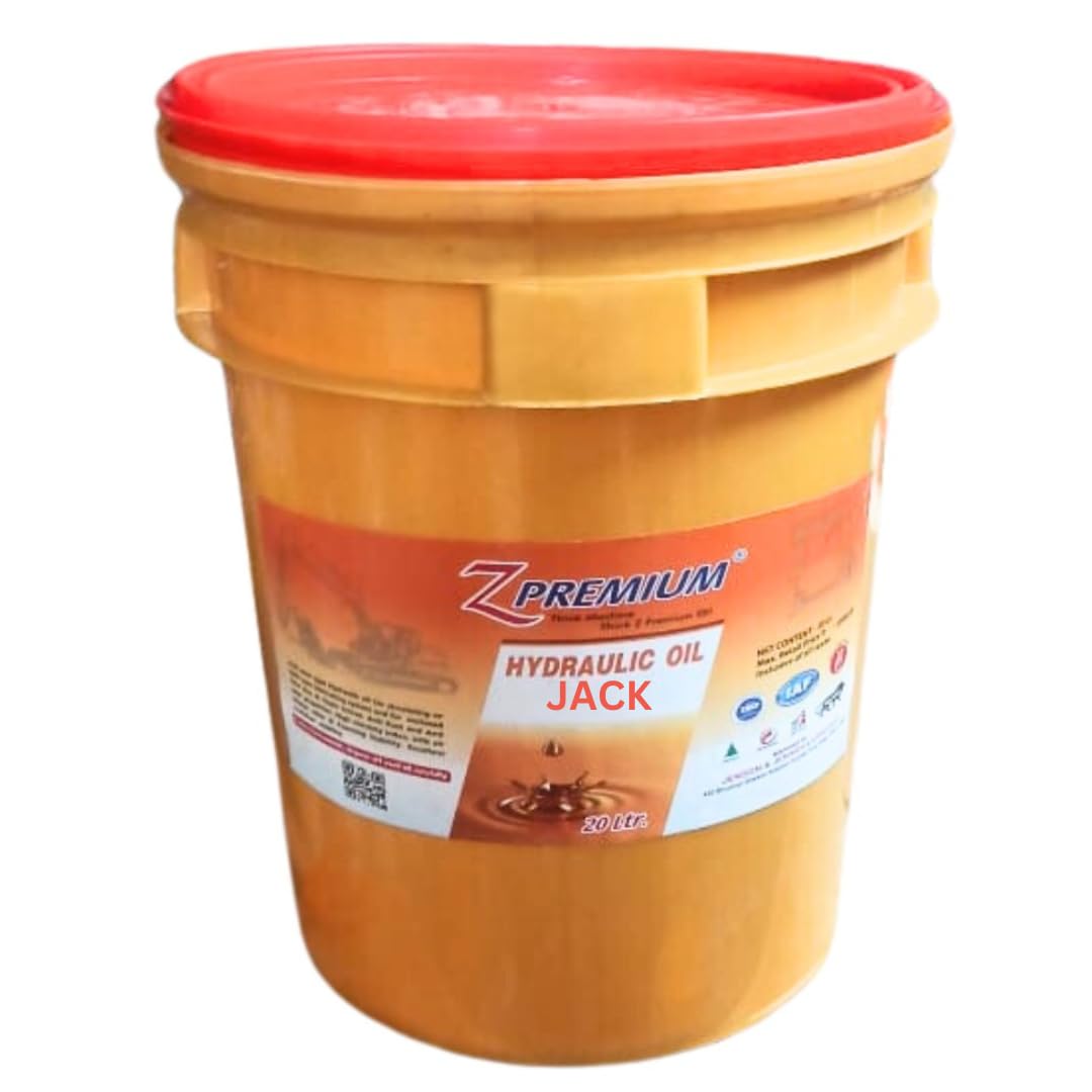 Yellow bucket with red lid labeled 'Z Premium Hydraulic Oil