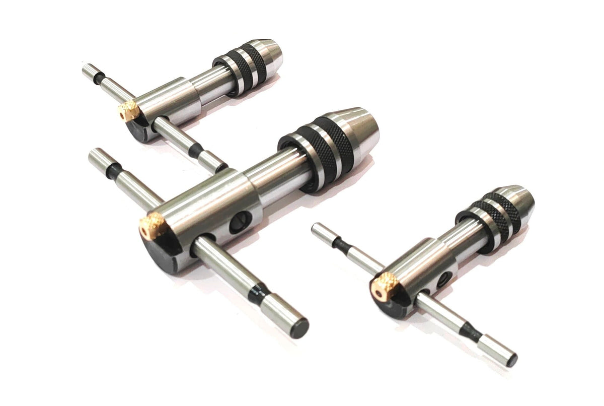 Set of three T-handle tap wrench chuck tools