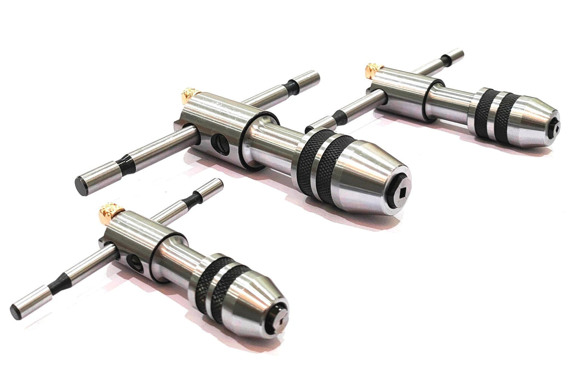 Set of three T-handle ratcheting tap wrench chuck tools