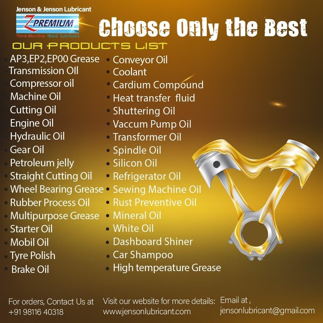Jenson & Jenson Lubricant product list with various oils