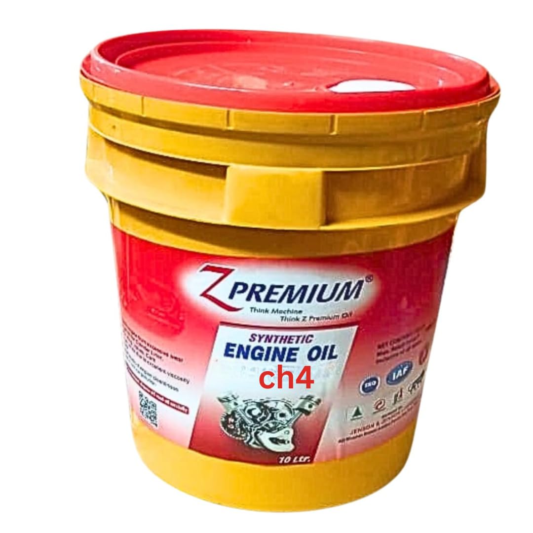 Yellow bucket of Z Premium synthetic engine oil with red lid