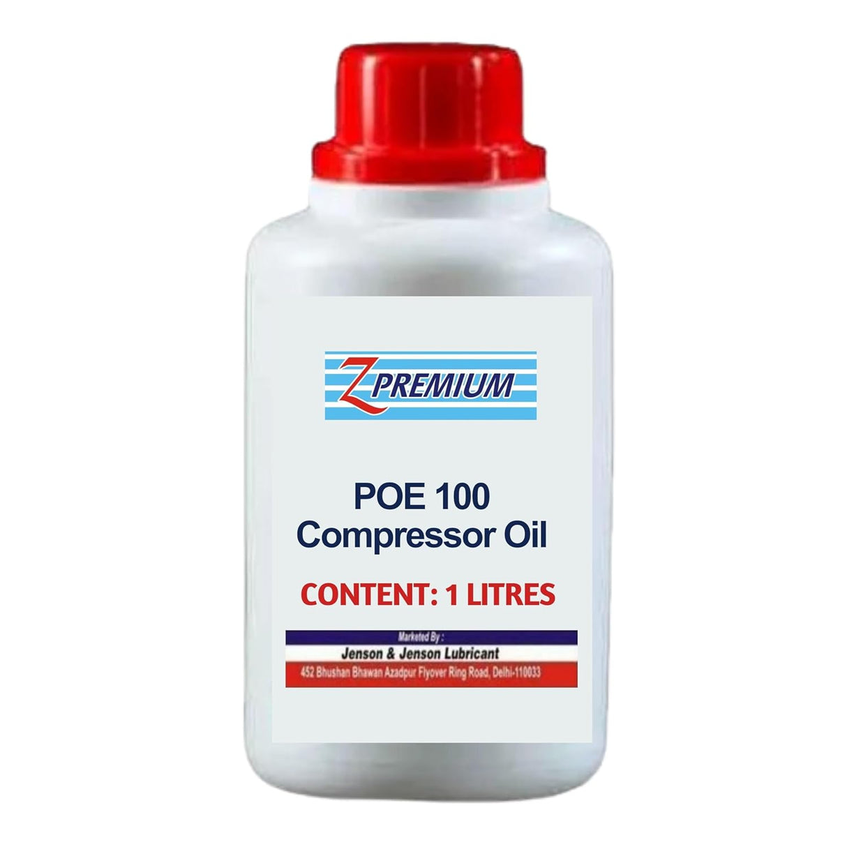Bottle of Z Premium POE 100 Compressor Oil with a red cap
