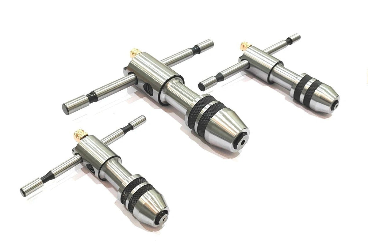 Set of three T-handle ratcheting tap wrench chuck tools