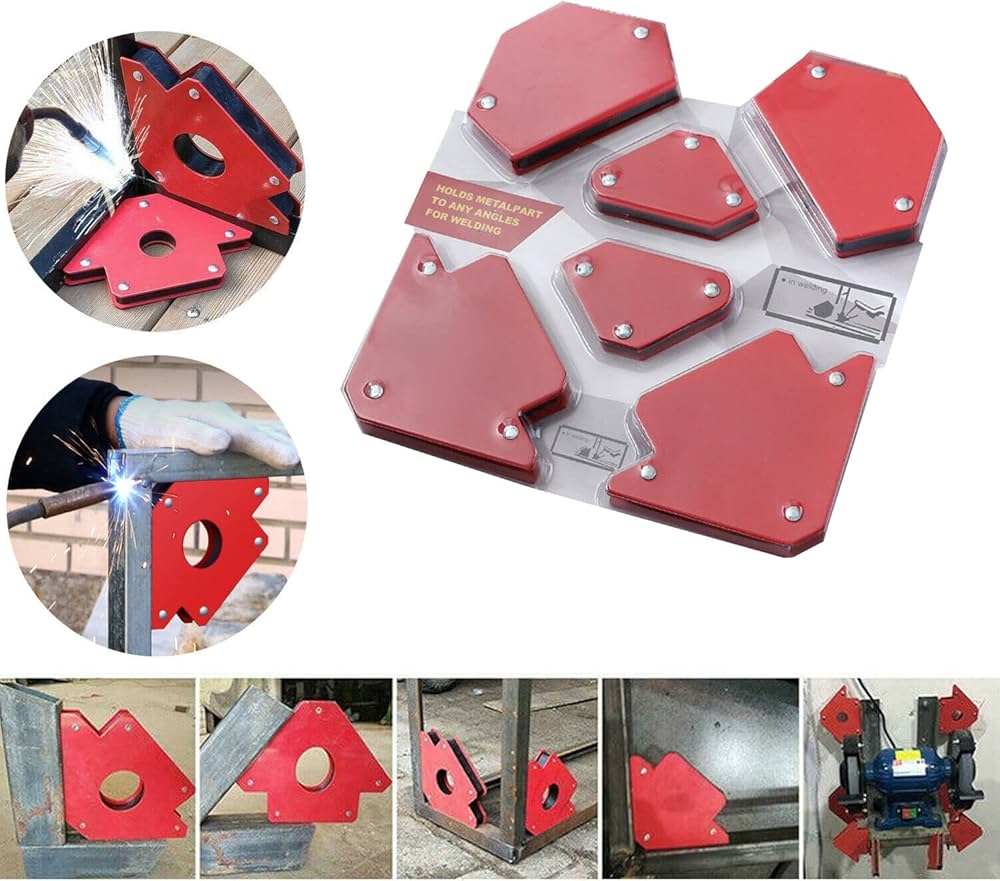 Red magnetic welding clamps pack with multiple angle application examples