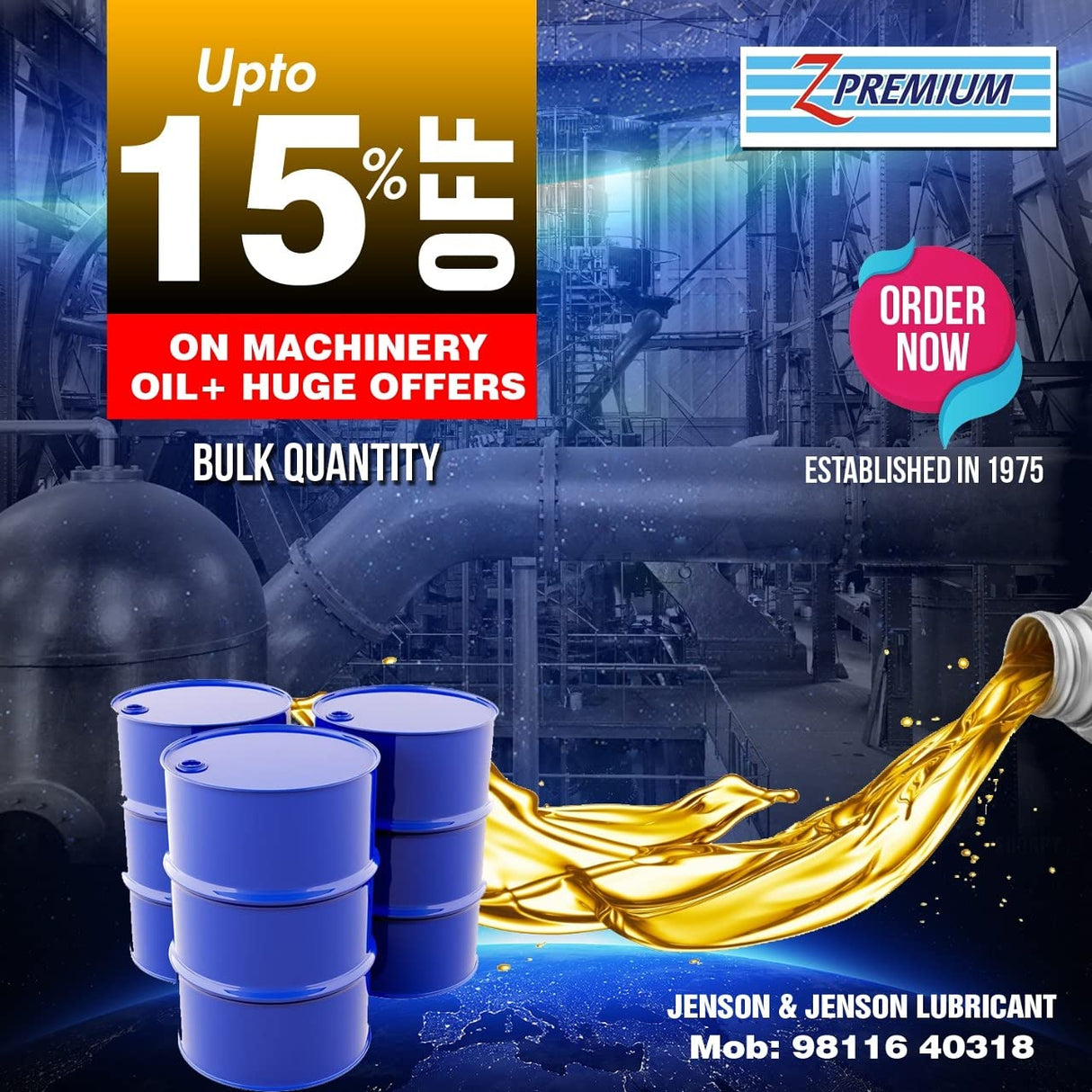 Jenson Lubricant with Z Premium branding, showing oil barrels