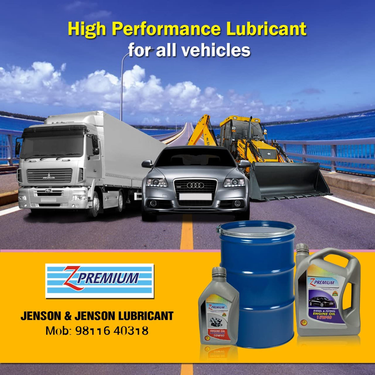 Lubricant with vehicles and containers on a road.