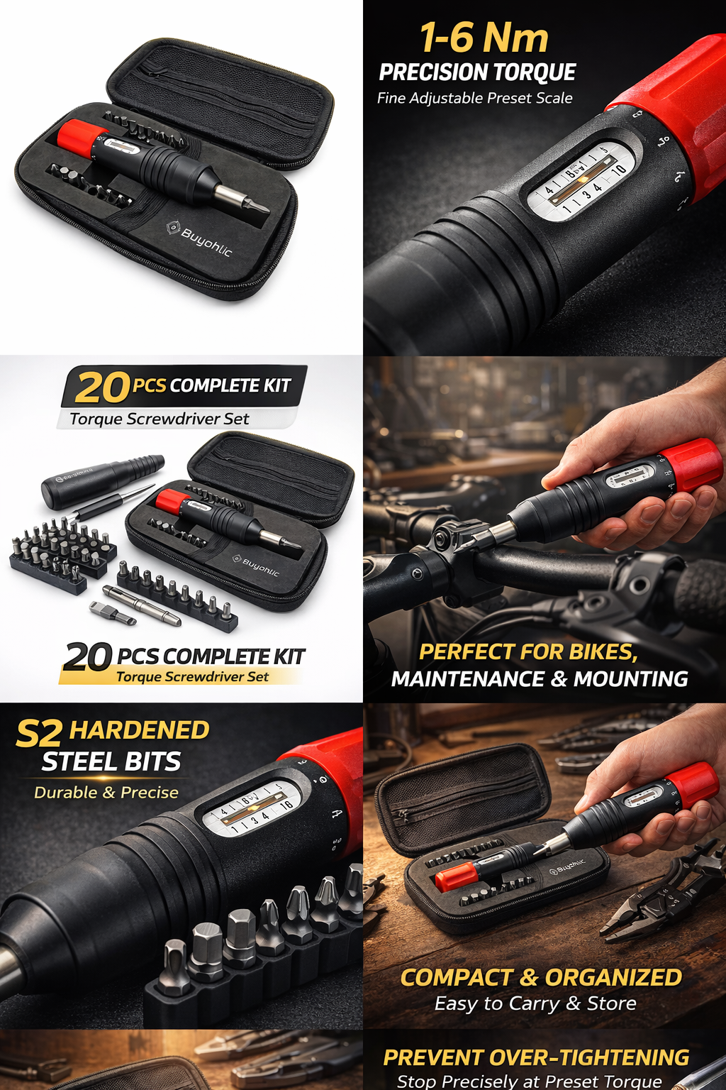20 Pcs Preset Torque Screwdriver with S2 Bits, 1/4” Drive Torque Wrench Screwdriver Set for Maintenance, Tools, Bike Repairing and Mounting, Torque Range 1~ 6 N.m