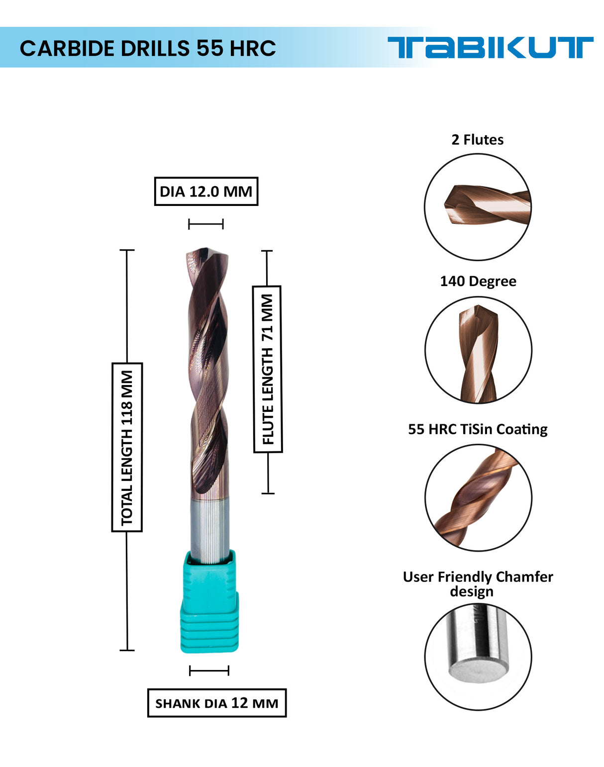 Tabikut drill 12 mm ,12.1 mm ,12.5 mm pack of 1 (1 piece as per size choosen )