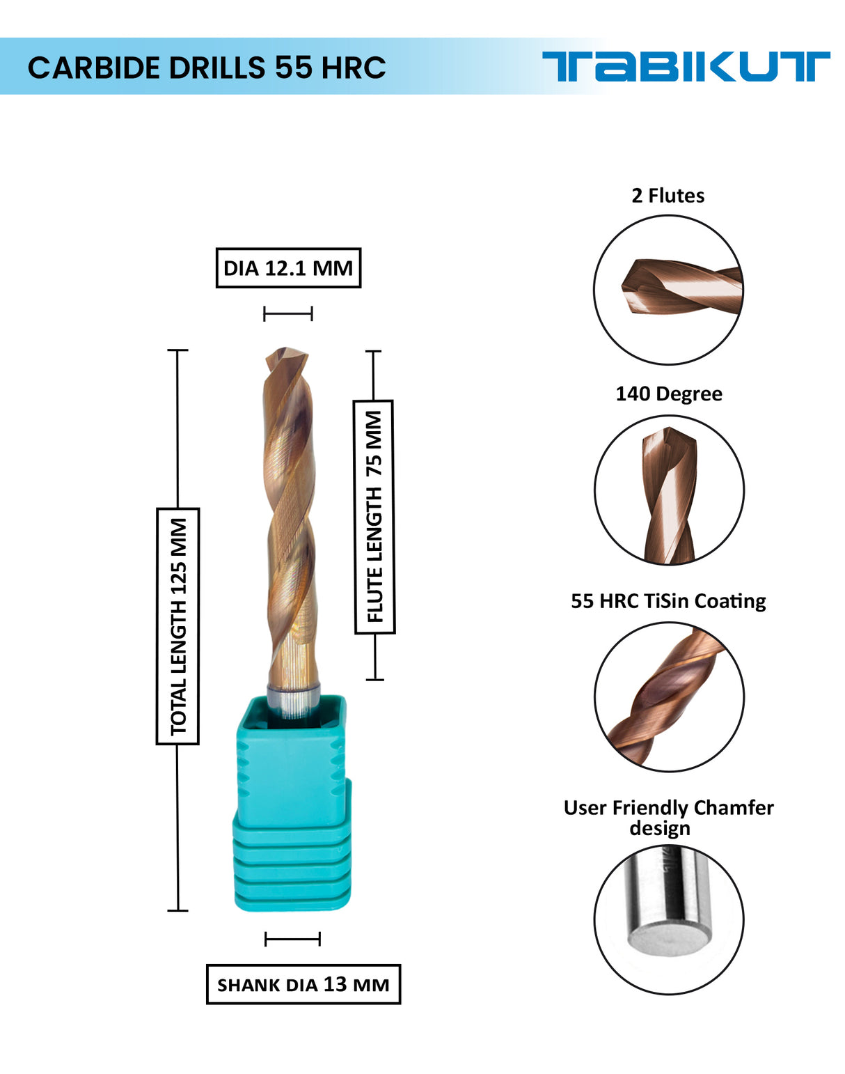 Tabikut drill 12 mm ,12.1 mm ,12.5 mm pack of 1 (1 piece as per size choosen )