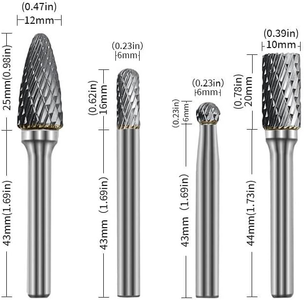 Set of four tungsten carbide rotary burr bits