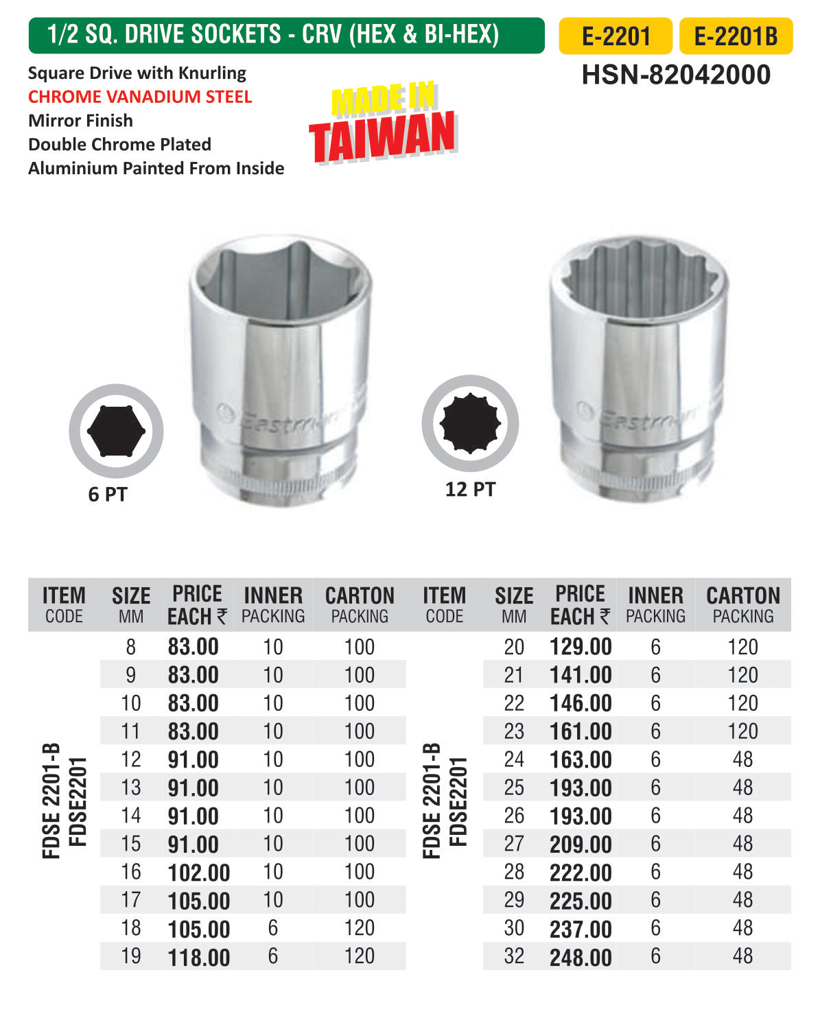 1/2 INCH SQUARE | DRIVE SOCKET | HEX BI-HEX | E-2201 |