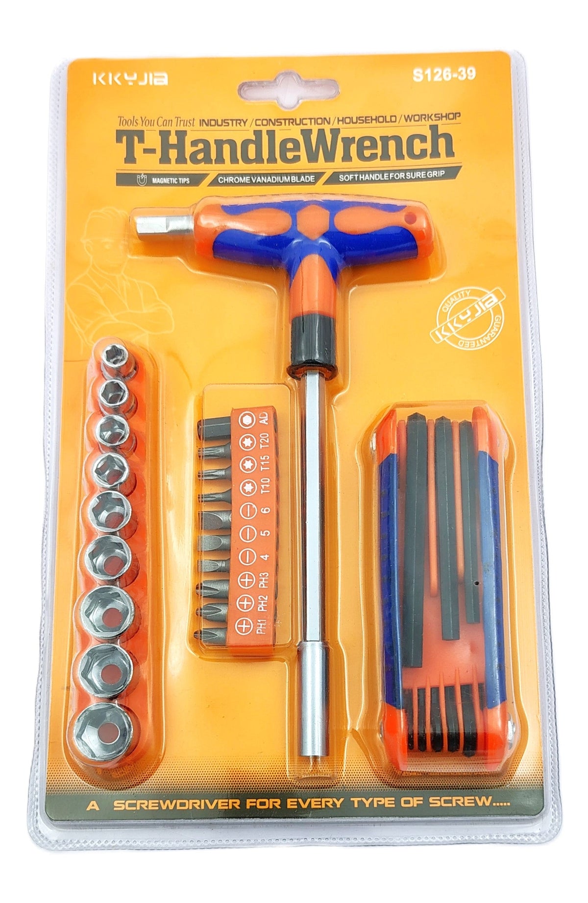 T-handle screwdriver with socket set, bit set, and hex keys in blister pack