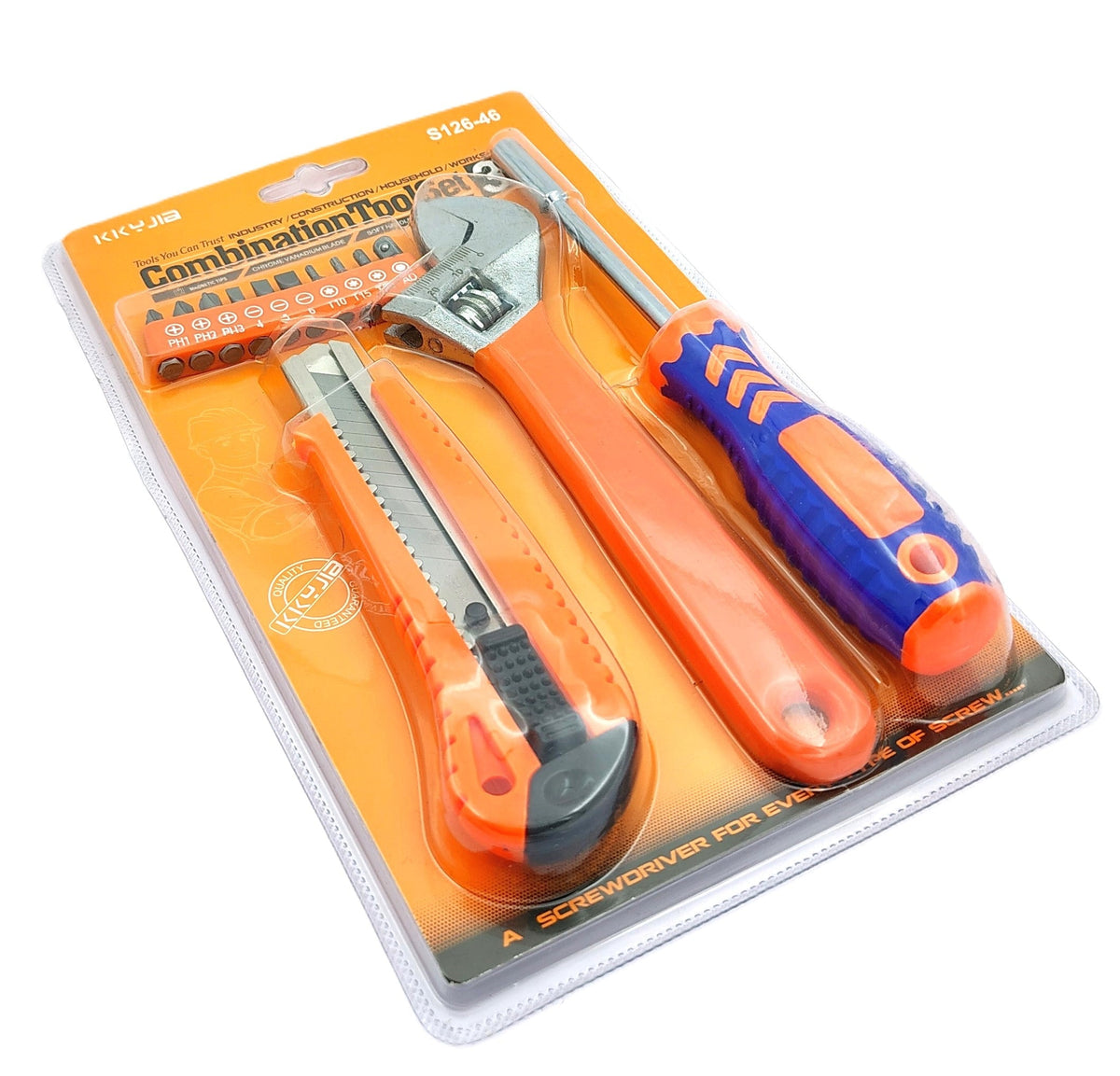 Combination tool set with adjustable wrench, knife, and screwdriver in blister pack