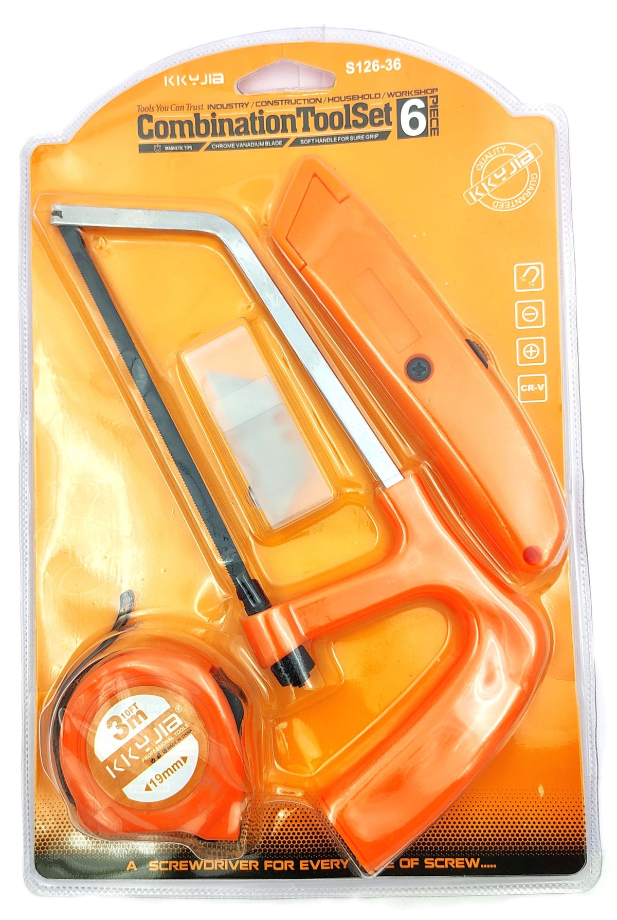 Combination tool set with mini hacksaw, utility knife, and tape measure in blister pack