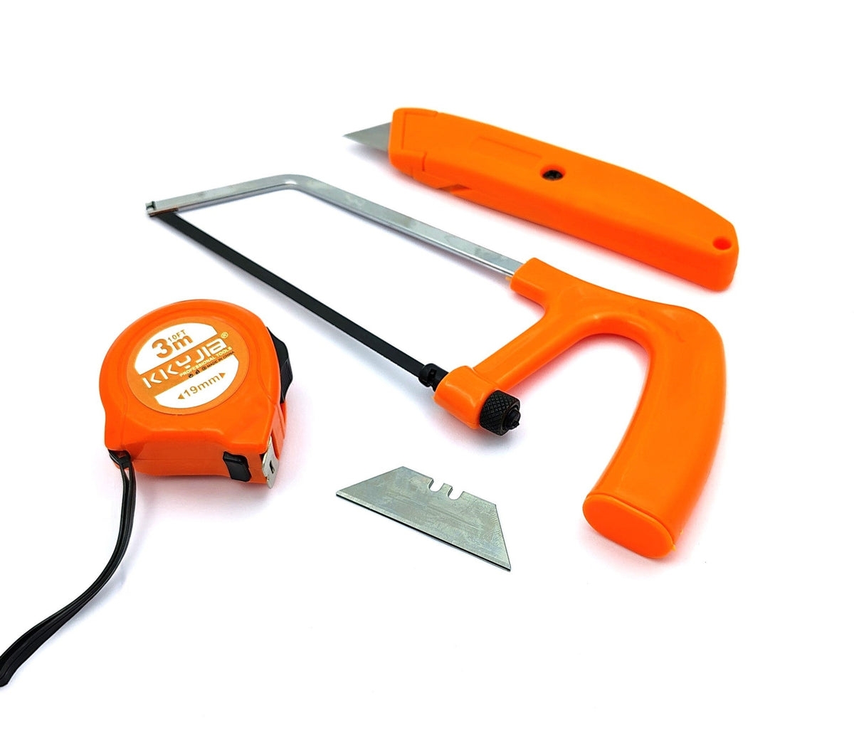 Mini hacksaw, utility knife, extra blade, and tape measure set