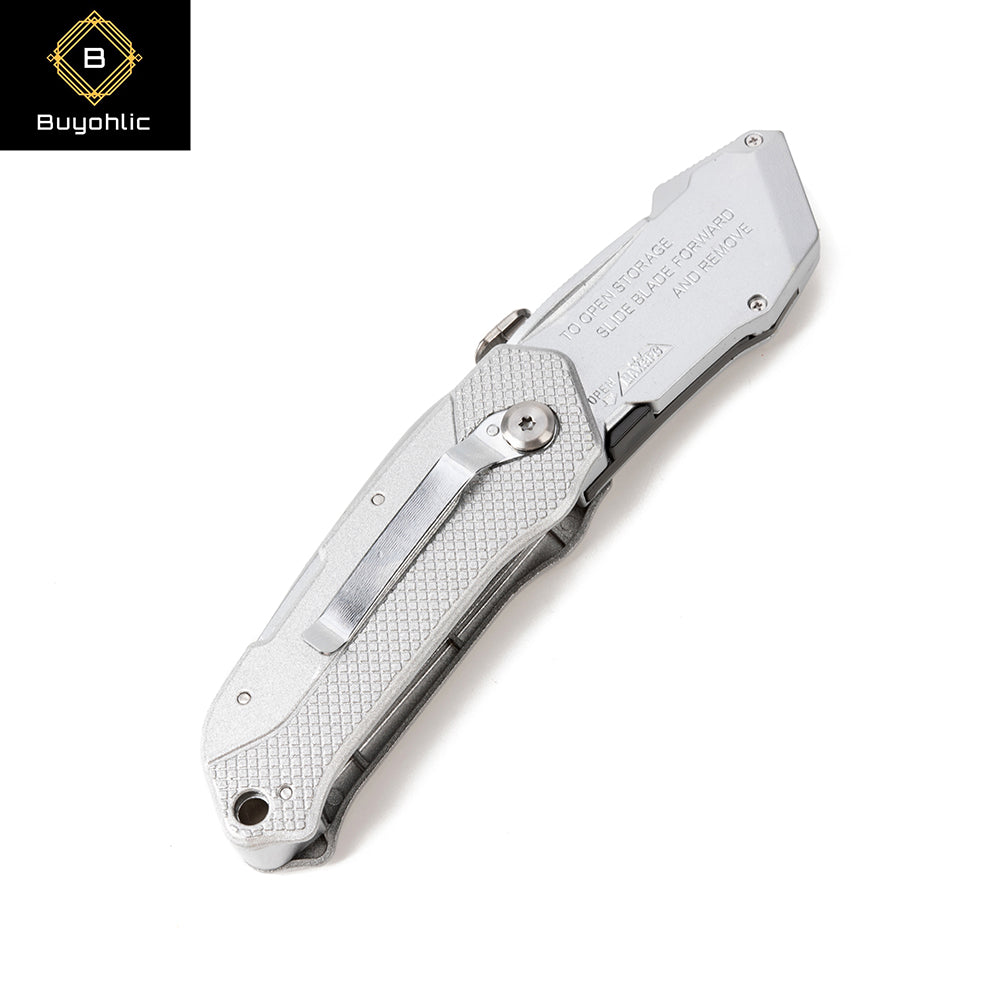 Buyohlic silver auto-loading folding utility knife with pocket clip
