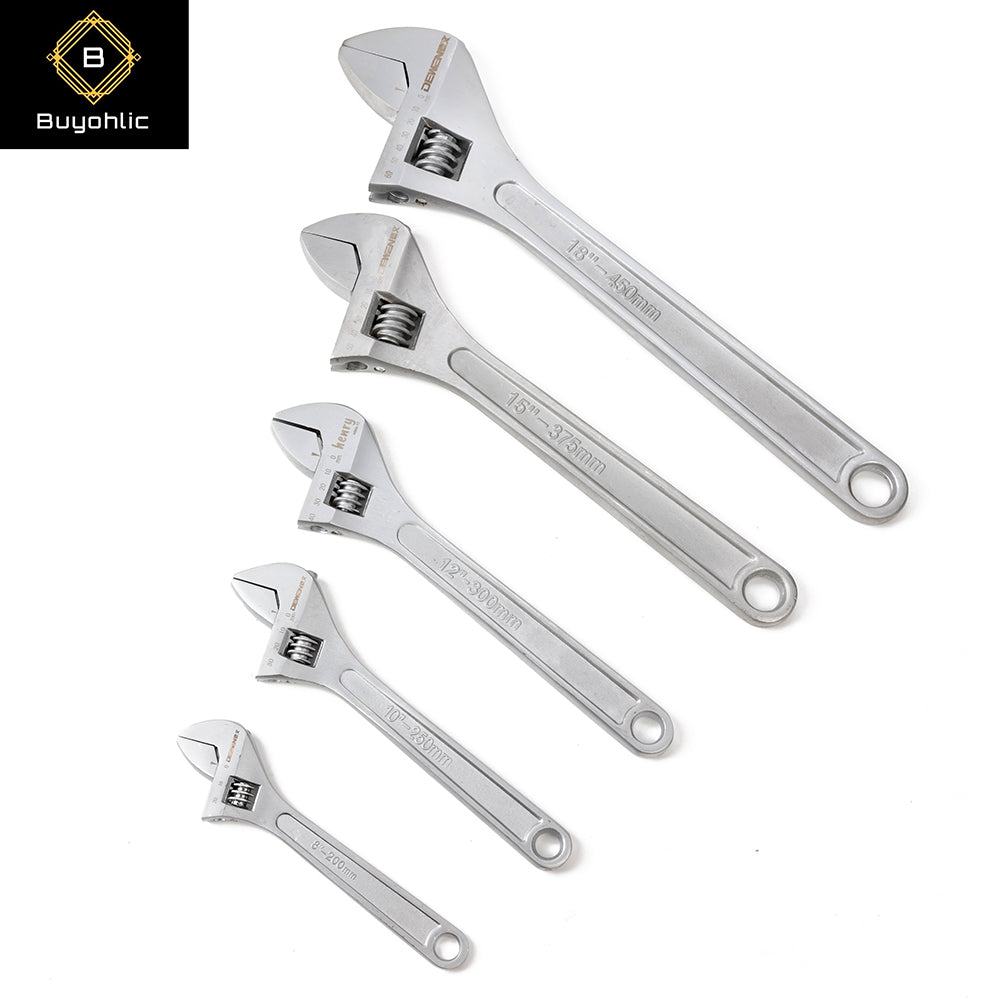Set of five steel adjustable wrenches