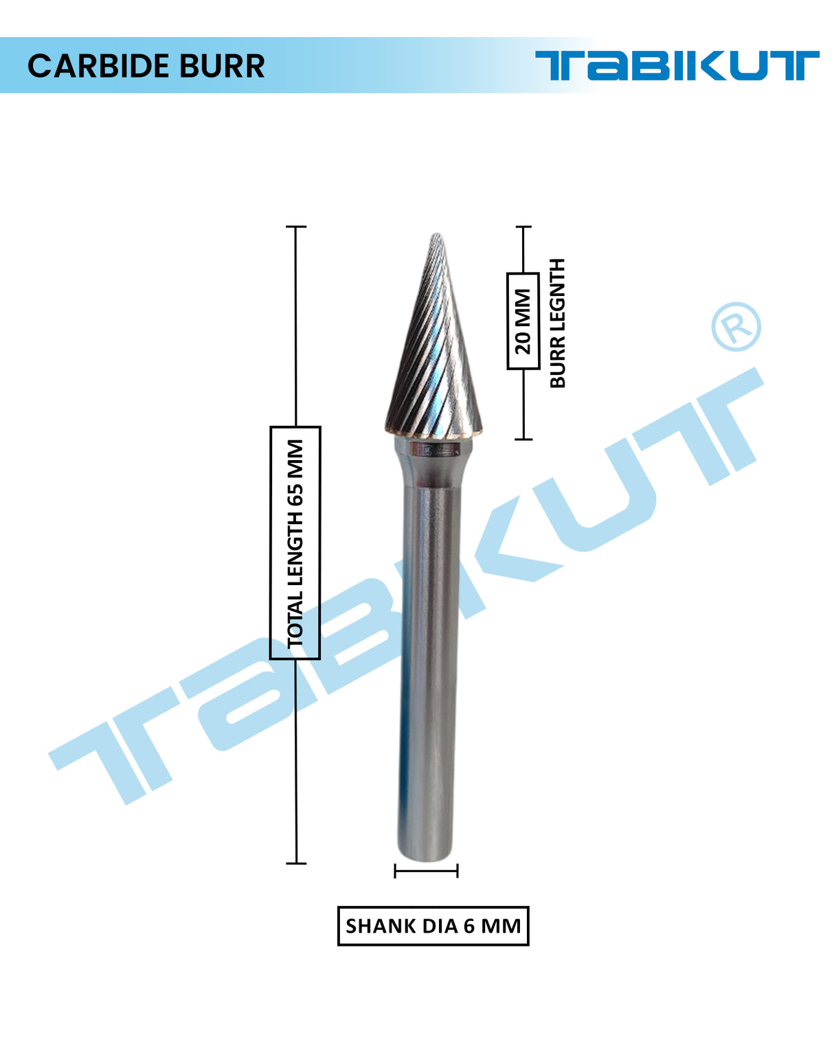 Carbide burr with dimensions labeled