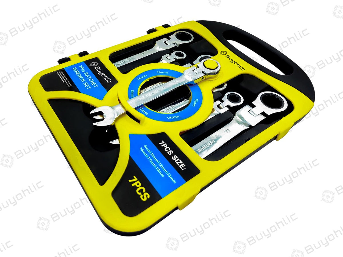 Buyohlic 7-piece metric ratcheting wrench set in yellow case