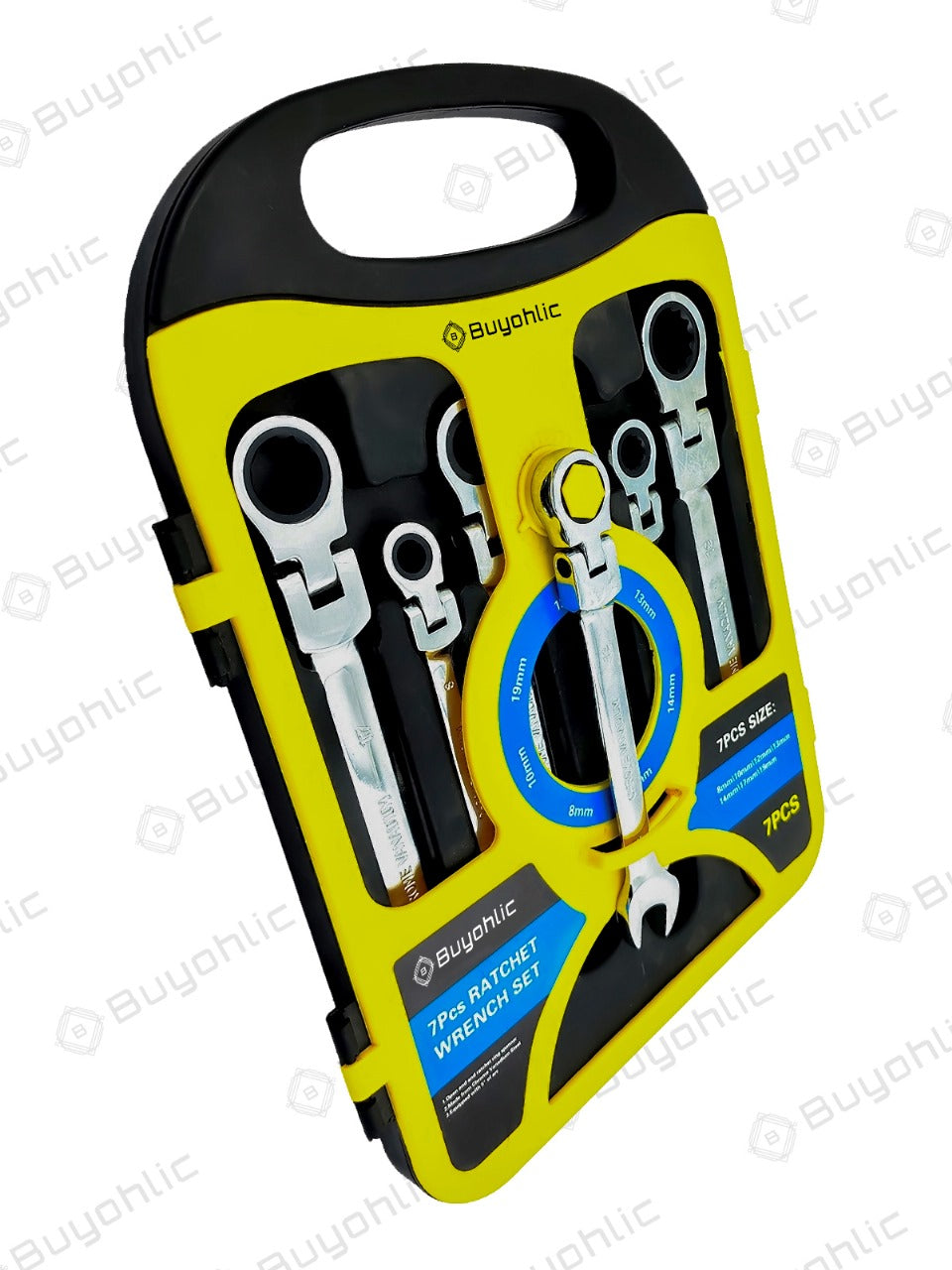 Buyohlic 7-piece metric ratcheting wrench set in yellow and black case