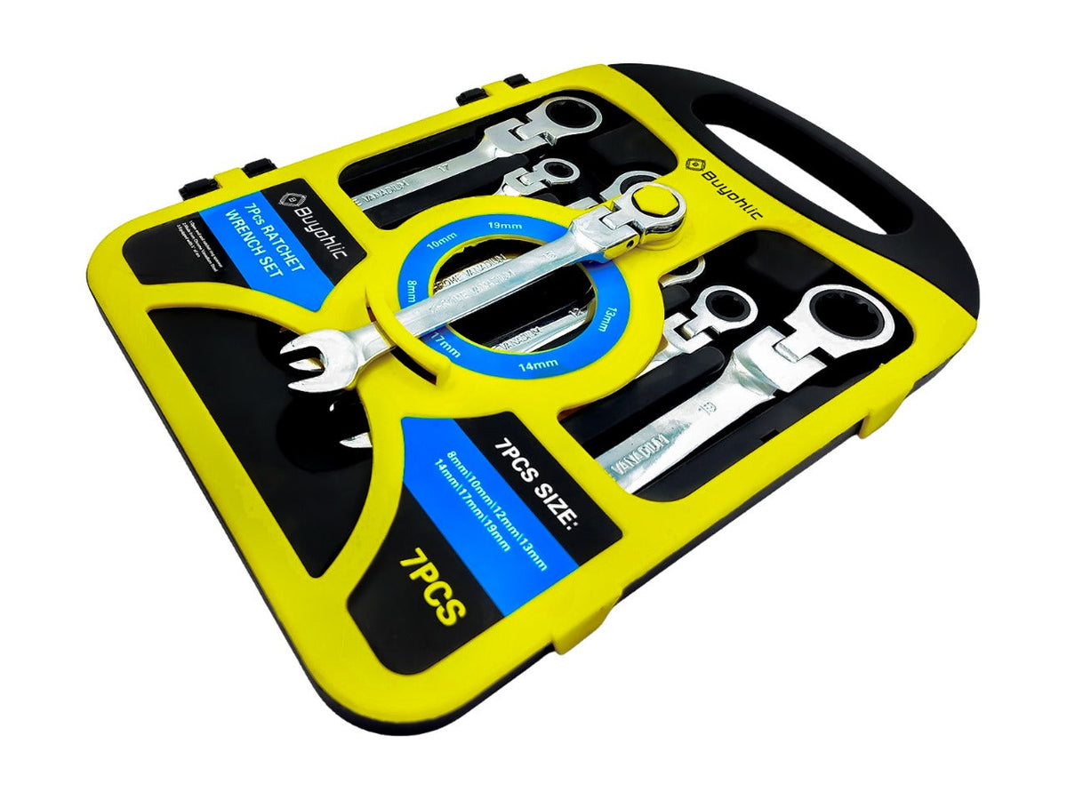 Buyohlic 7-piece metric ratcheting wrench set in yellow carrying case