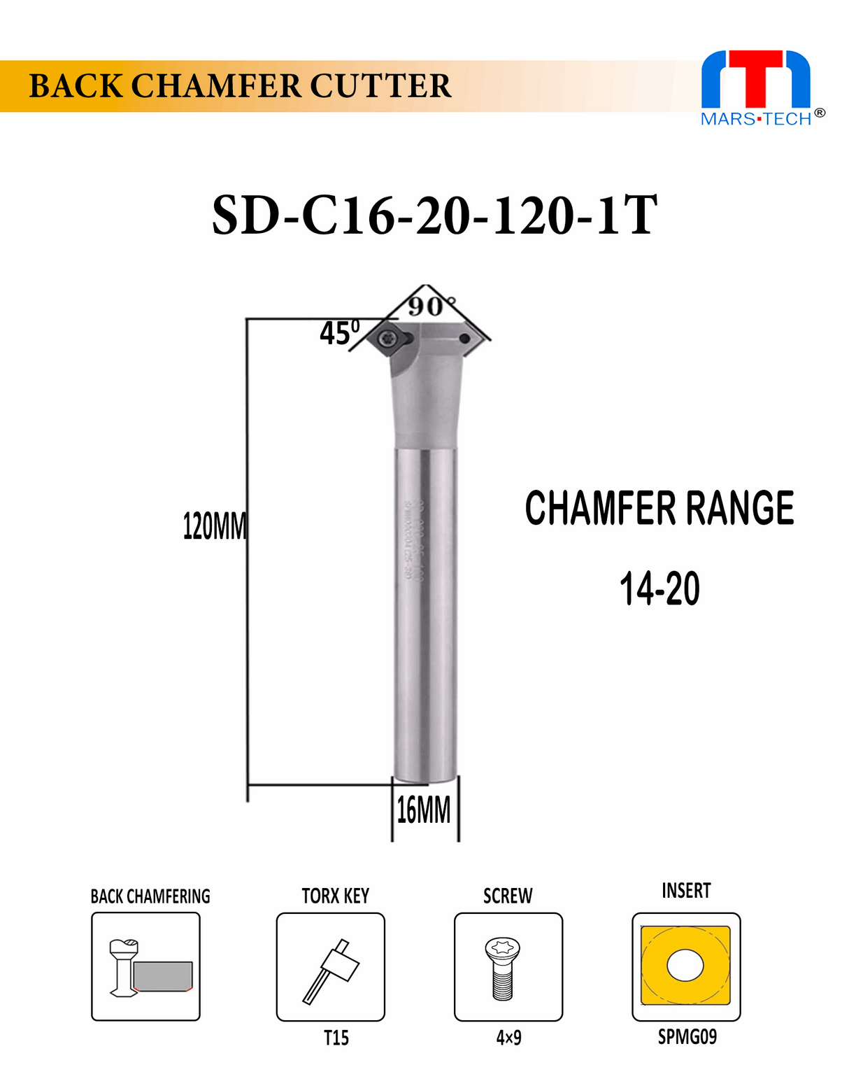 back chamfer cutter range 8‑15 mm 45°