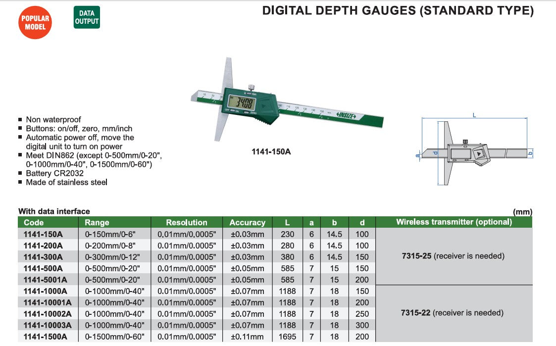 Insize Digital Depth Gauge 1141-150A (Standard Type )