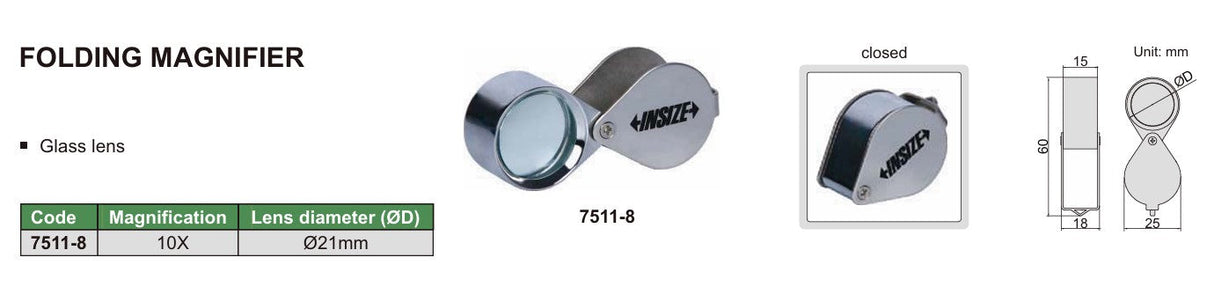 Insize 10X folding glass magnifier