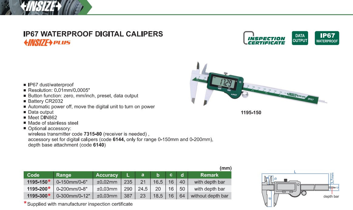 Insize waterproof digital calipers specification