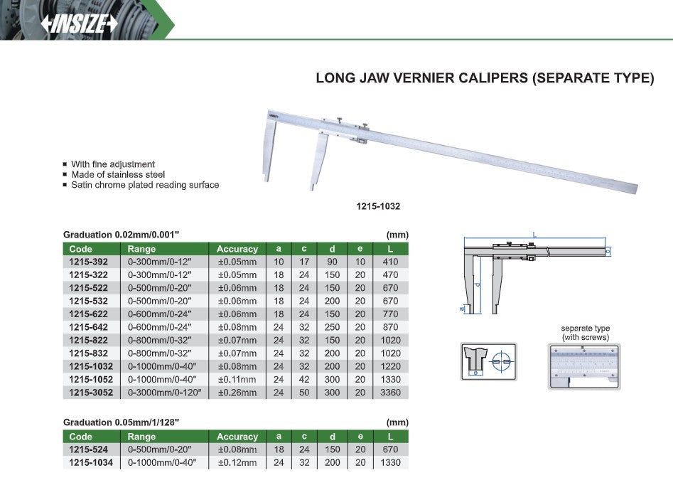 Long jaw caliper specsheet