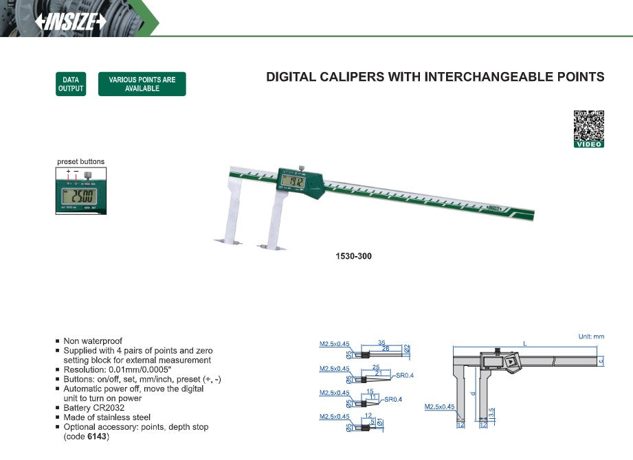 Insize digital point caliper chart
