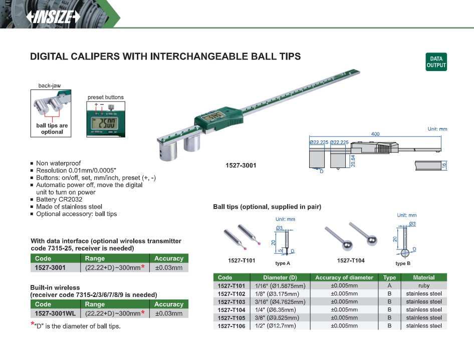 Digital calipers with ball tips