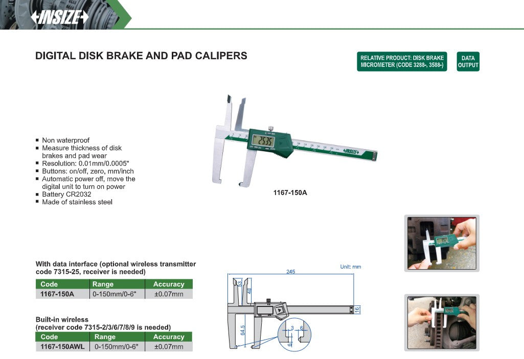 INSIZE DIGITAL DISK BRAKE AND PAD CALIPER 1167-150A