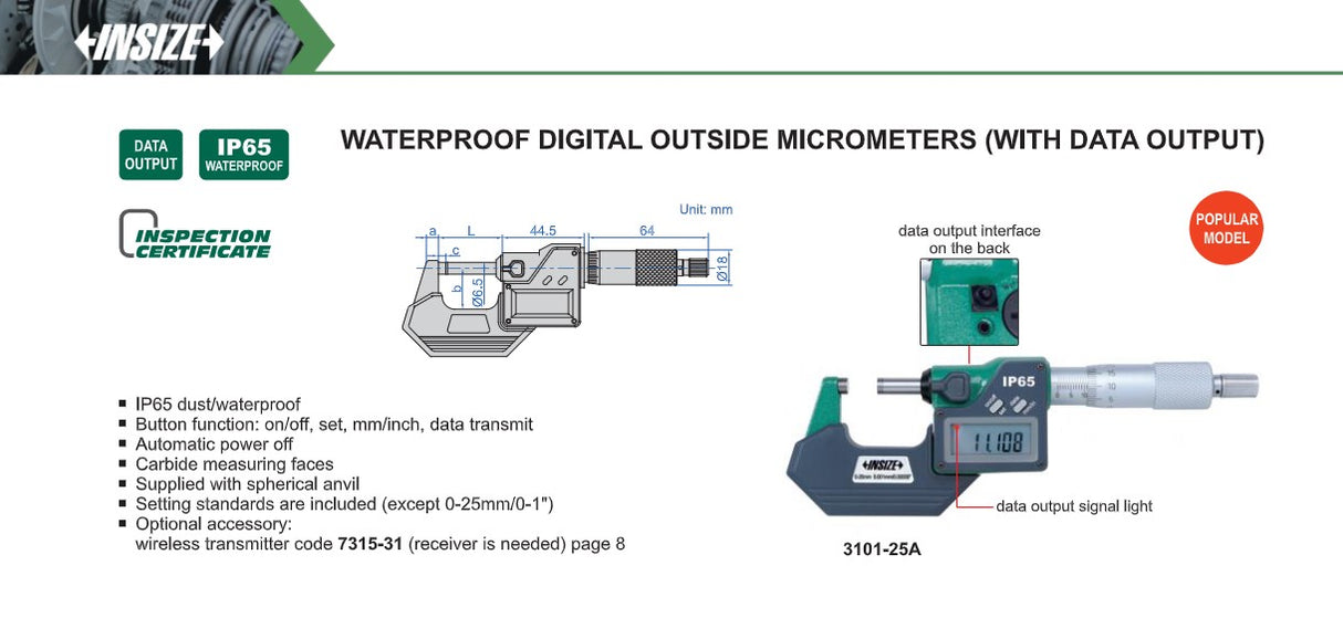 Insize waterproof digital micrometer sheet