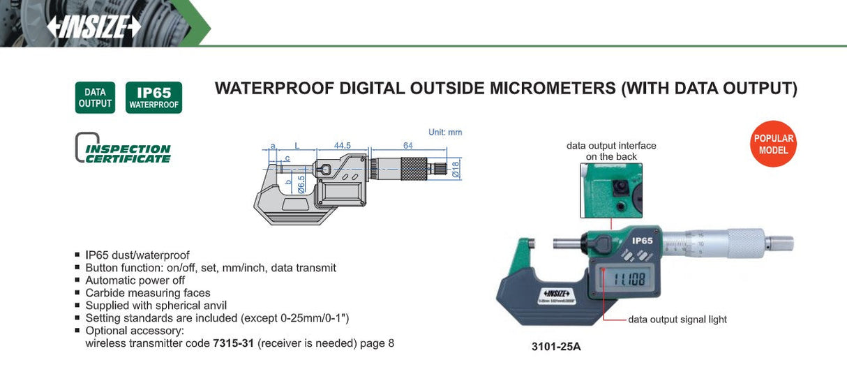 Insize waterproof digital micrometer sheet