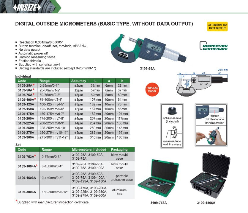 Insize digital micrometer product sheet