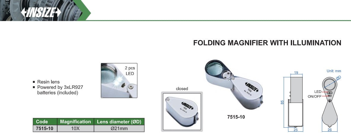 Insize folding magnifier spec sheet