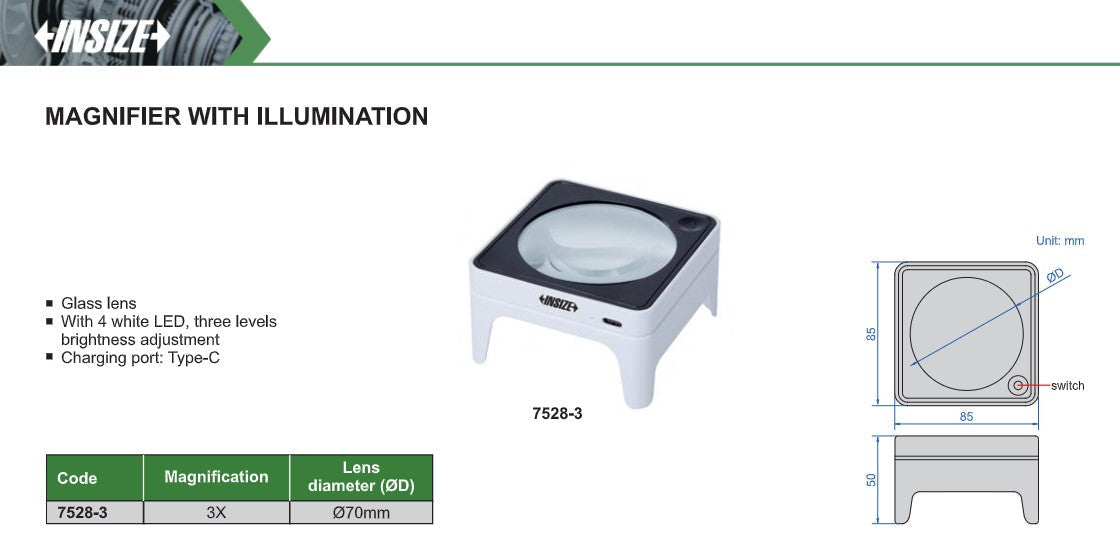 Insize stand magnifier spec sheet