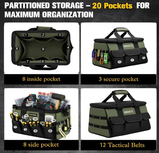 Tough Gear 2.0 Heavy Duty Tool Bag Organizer 18-Inch 20-Pocket Premium Urban CORD Storage Organizer, Large Zipper, Strong, Electrician Technician, Industrial, Multipurpose Tool Bag 750 days warranty.
