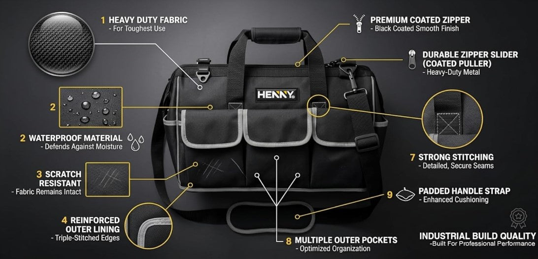 HENNY BAGS Heavy Duty Tool Bag 18-Inch, 16-Pocket Premium Urban CORD Professional Storage Organizer, Large Zipper, Strong, Electrician Technician, Industrial, Multipurpose Waterproof Tool Bag