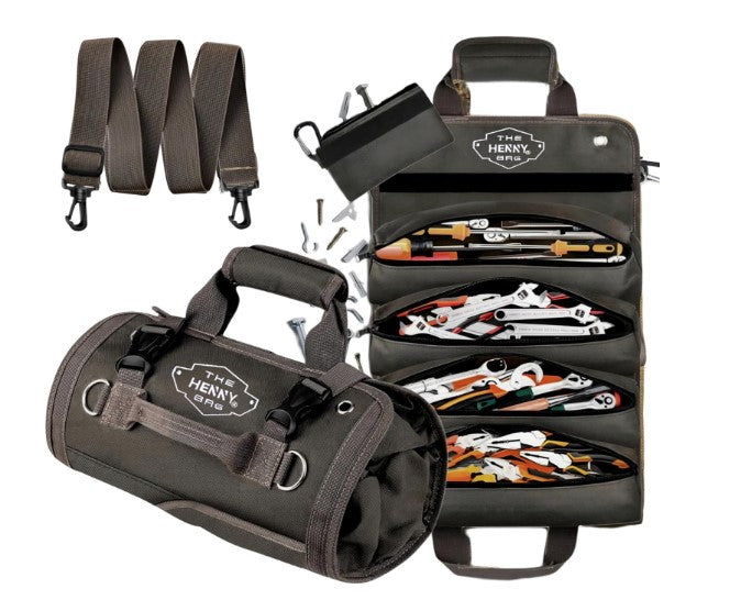 HennyBags Tool Organizer Bag, Heavy-Duty Waxed Oxford Tool roll up bag, Tool bag roll, Tool roll bag, Tool roll organizer, Rust-Proof YKK Zippers & Secure Buckle. For Mechanic & Electricians. (Gray)