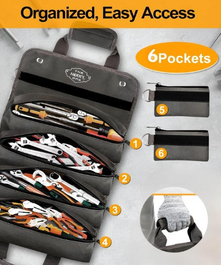 HennyBags Tool Organizer Bag, Heavy-Duty Waxed Oxford Tool roll up bag, Tool bag roll, Tool roll bag, Tool roll organizer, Rust-Proof YKK Zippers & Secure Buckle. For Mechanic & Electricians. (Gray)